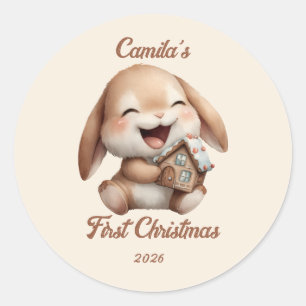 Pegatina Redonda Primer conejo navideño del bebé personalizado