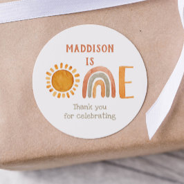 Pegatina Redonda Primer cumpleaños acuarela Boho arcoiris y sol