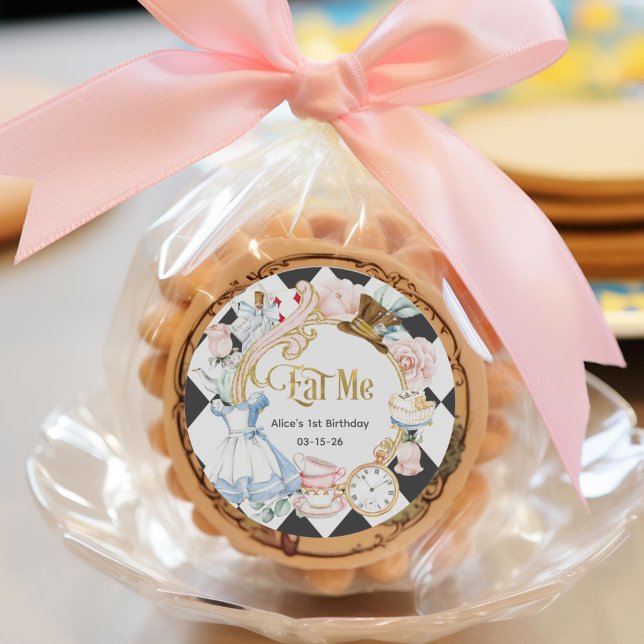 Pegatina Redonda Primer cumpleaños, Come Me, Alice Onderland (Alice Onederland, Girl 1st birthday, eat me, favor sticker.)