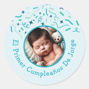 Pegatina Redonda Primer cumpleaños de Bebé Fiesta Infantil con Foto