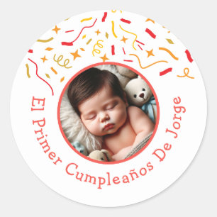 Pegatina Redonda Primer cumpleaños de Bebé Fiesta Infantil con Foto