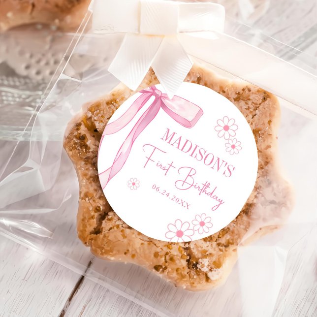 Pegatina Redonda Primer cumpleaños de Bow Elegante Rosado (Subido por el creador)