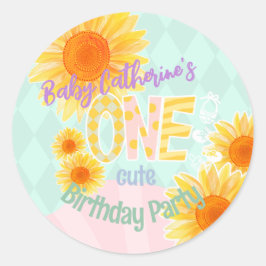 Pegatina Redonda Primer cumpleaños de Cute Sunflower