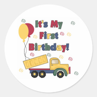 Pegatina Redonda Primer cumpleaños de Dump Truck