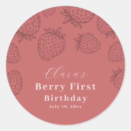 Pegatina Redonda Primer cumpleaños de fresa de barrena rosa