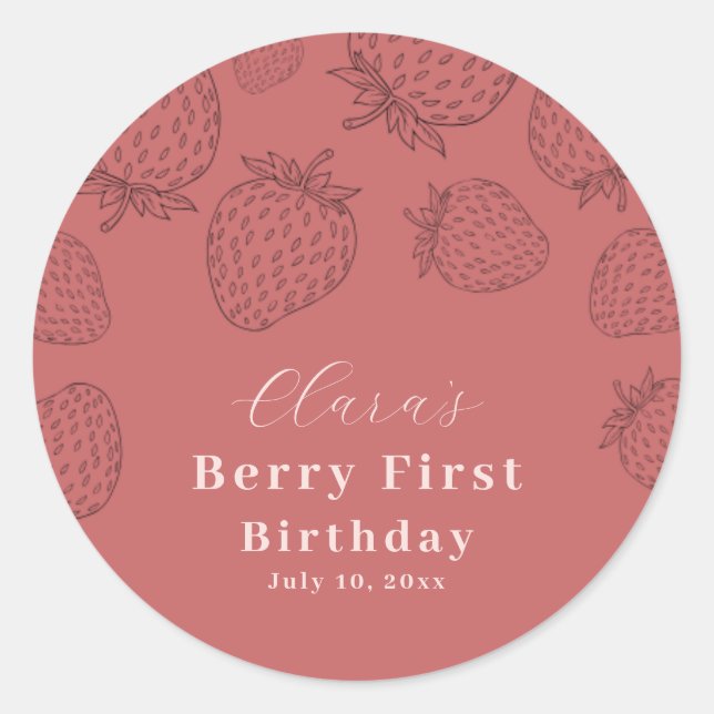 Pegatina Redonda Primer cumpleaños de fresa de barrena rosa (Anverso)