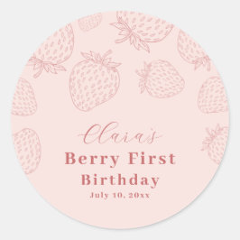 Pegatina Redonda Primer cumpleaños de fresa de barrena rosa