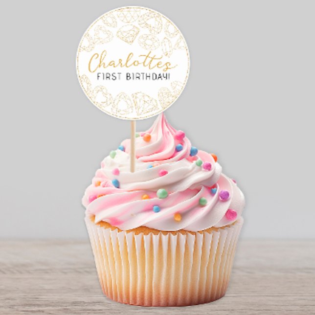 Pegatina Redonda Primer cumpleaños de Gold Gem - Pegatinas Fiestas  (gold glitter gem birthday party sticker)