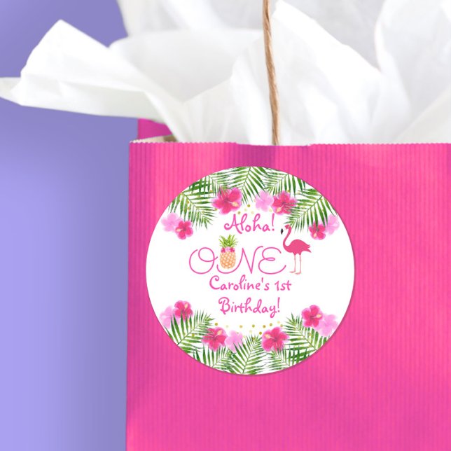 Pegatina Redonda Primer cumpleaños de la piña tropical Luau Flaming (Subido por el creador)