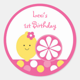Pegatina Redonda Primer cumpleaños de Lemonade Rosada
