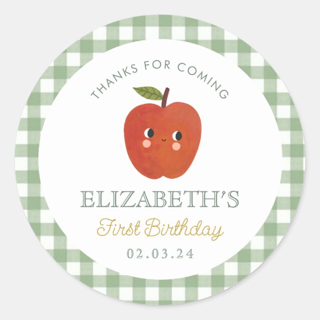Pegatina Redonda Primer cumpleaños de Little Sweet Apple (Anverso)