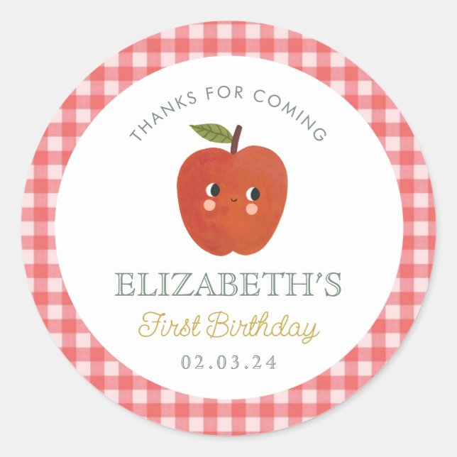 Pegatina Redonda Primer cumpleaños de Little Sweet Apple (Anverso)