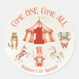 Pegatina Redonda Primer cumpleaños de los animales del circo