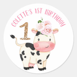 Pegatina Redonda Primer cumpleaños de One Cow Moos, Purpurina de or