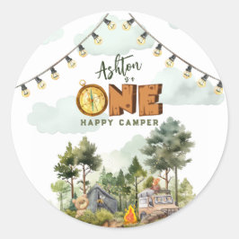 Pegatina Redonda Primer Cumpleaños de One Happy Camper