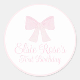 Pegatina Redonda Primer cumpleaños de Preppy Pink Bow Grandmillenni