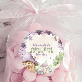 Pegatina Redonda Primer cumpleaños de Purple Fairy First Berry