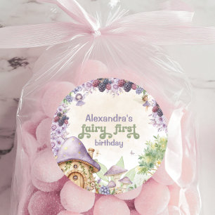 Pegatina Redonda Primer cumpleaños de Purple Fairy First Berry
