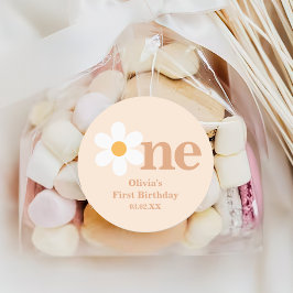 Pegatina Redonda Primer cumpleaños de Retro Boho One Daisy