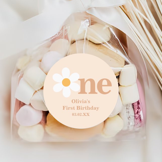 Pegatina Redonda Primer cumpleaños de Retro Boho One Daisy (Subido por el creador)