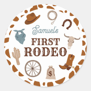 Pegatina Redonda Primer cumpleaños de Rodeo Wild West Brown