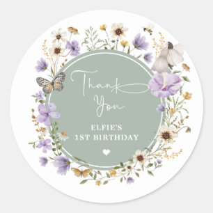 Pegatina Redonda Primer cumpleaños de Sage Green Purple Wildflower 