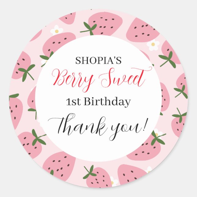 Pegatina Redonda Primer cumpleaños de Strawberry Delight (Anverso)