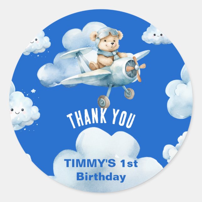 Pegatina Redonda Primer cumpleaños de Teddy Bear trazando un curso (Anverso)