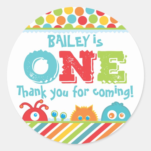 Pegatina Redonda Primer cumpleaños de un pequeño monstruo (Anverso)