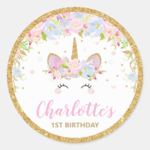 Pegatina Redonda Primer cumpleaños de Unicorn Gracias a tu etiquet