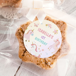 Pegatina Redonda Primer cumpleaños de Unicorn Rainbow Pastel