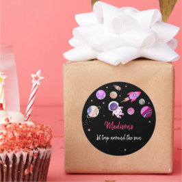 Pegatina Redonda Primer cumpleaños del astronauta Chica rosa en el