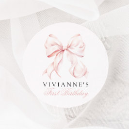 Pegatina Redonda Primer cumpleaños del Chica de Bow Rosado