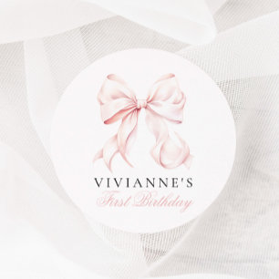 Pegatina Redonda Primer cumpleaños del Chica de Bow Rosado