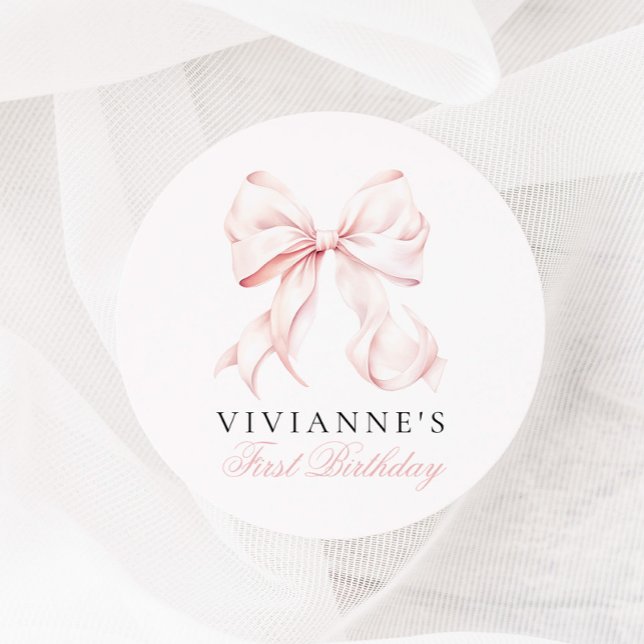 Pegatina Redonda Primer cumpleaños del Chica de Bow Rosado (Subido por el creador)