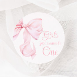 Pegatina Redonda Primer cumpleaños del Chica de Bow Rosado