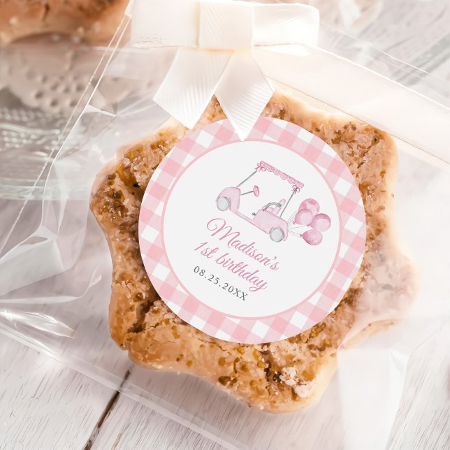 Pegatina Redonda Primer cumpleaños del Chica de Golf Pink Gingham (Subido por el creador)