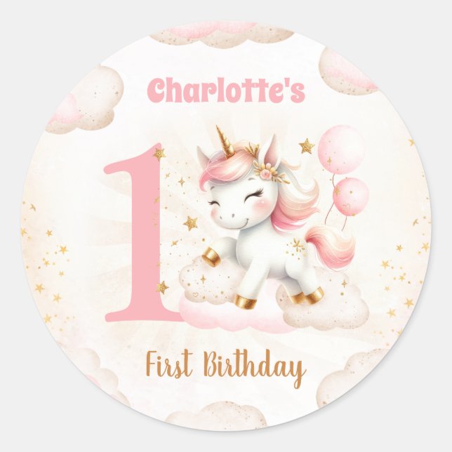 Pegatina Redonda Primer cumpleaños del Chica de unicornio rosado (Anverso)