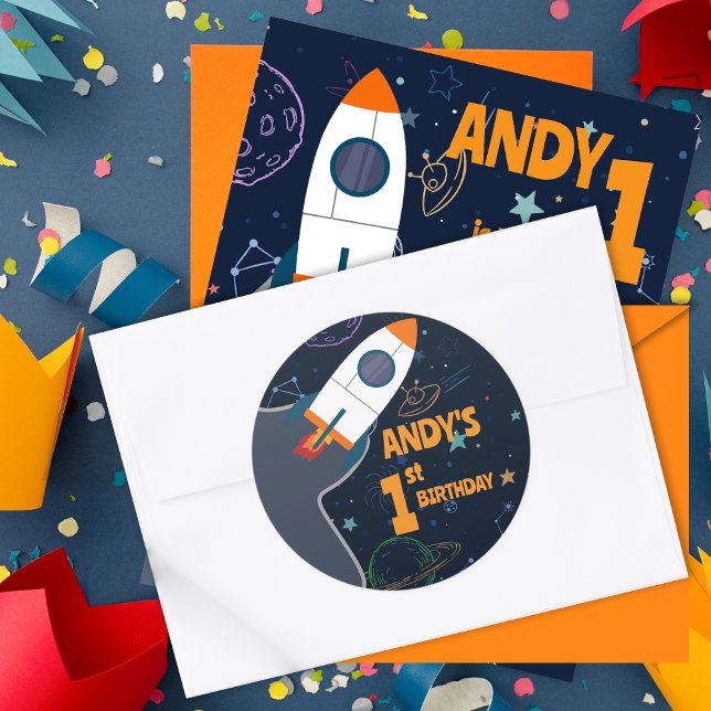 Pegatina Redonda Primer cumpleaños del espacio ultraterrestre neutr (Gender Neutral Outer Space First Birthday Classic Round Sticker)