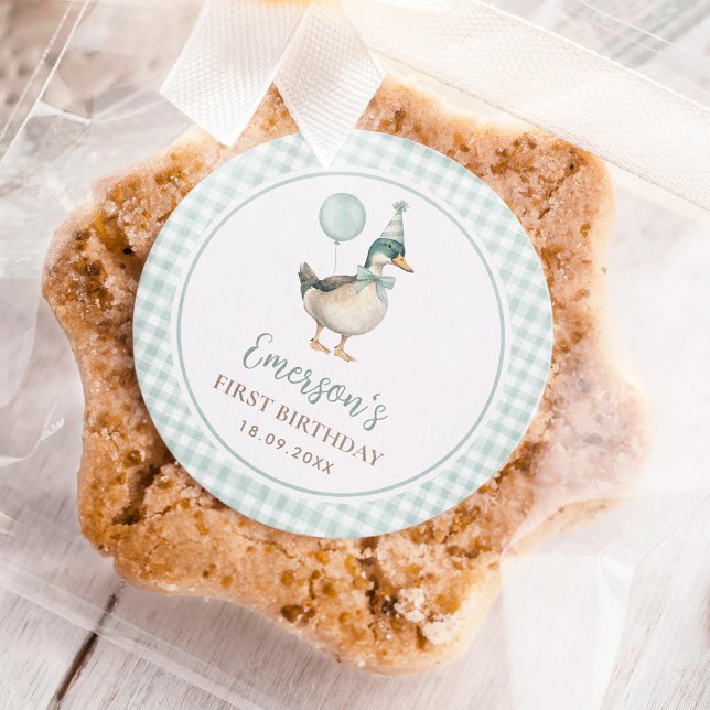 Pegatina Redonda Primer cumpleaños del globo verde de un pato afort (Subido por el creador)