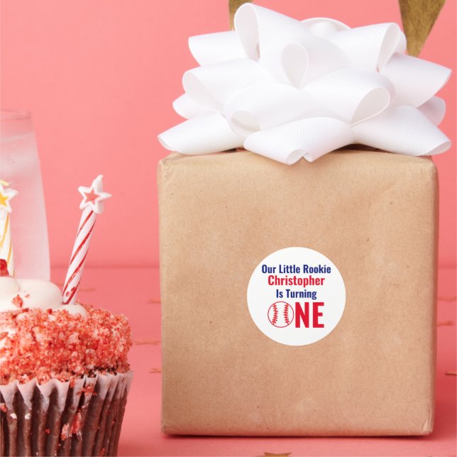 Pegatina Redonda Primer cumpleaños del Pequeño Rookie Baseball (Fiesta)