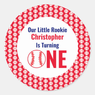 Pegatina Redonda Primer cumpleaños del Pequeño Rookie Baseball