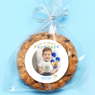 Pegatina Redonda Primer Cumpleaños Niño Foto Globo Azul Dorado Lind