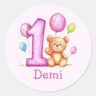 Pegatina Redonda Primer cumpleaños rosado personalizado para Chicas