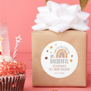 Pegatina Redonda Primer cumpleaños Sra. Onemaravilloso Boho Rainbow