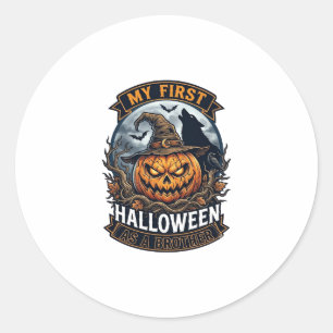 Pegatina Redonda Primer Halloween como hermano Pumpkin Wolf Moon_1