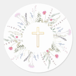 Pegatina Redonda Primer marco de flores silvestres de la Santa Comu