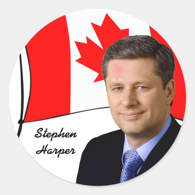 Pegatina Redonda Primer Ministro de Canadá Stephen Harper (Anverso)