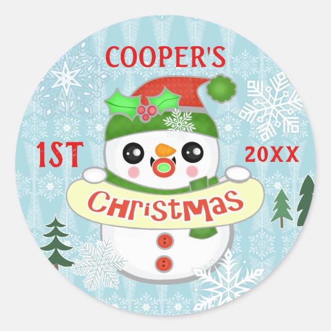 Pegatina Redonda Primer Personalizado navideño foto bebé Snowman (Anverso)