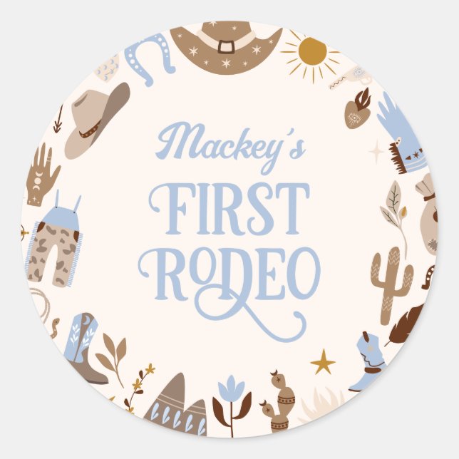Pegatina Redonda Primer Rodeo Occidental Wild West Cowboy Blue Birt (Anverso)